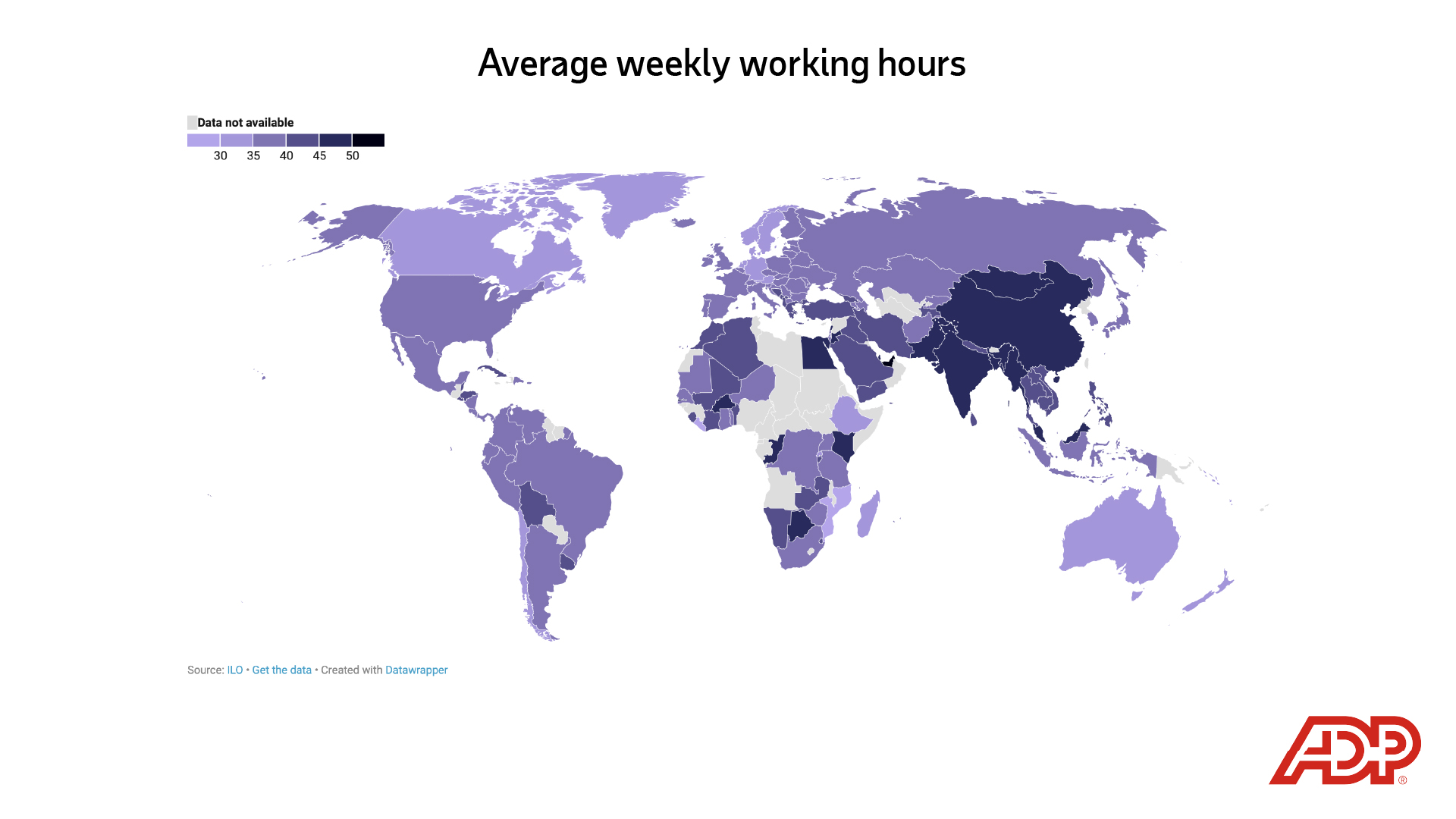 Image description: World map depicting "average weekly working hours" End of alt text.