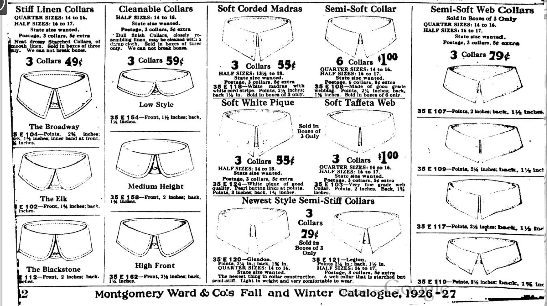 Fresh white collars for sale in the 1926 Montgomery Ward catalog.